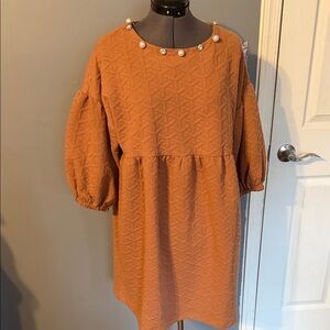 Brown Textured Dress with Pearl Accents